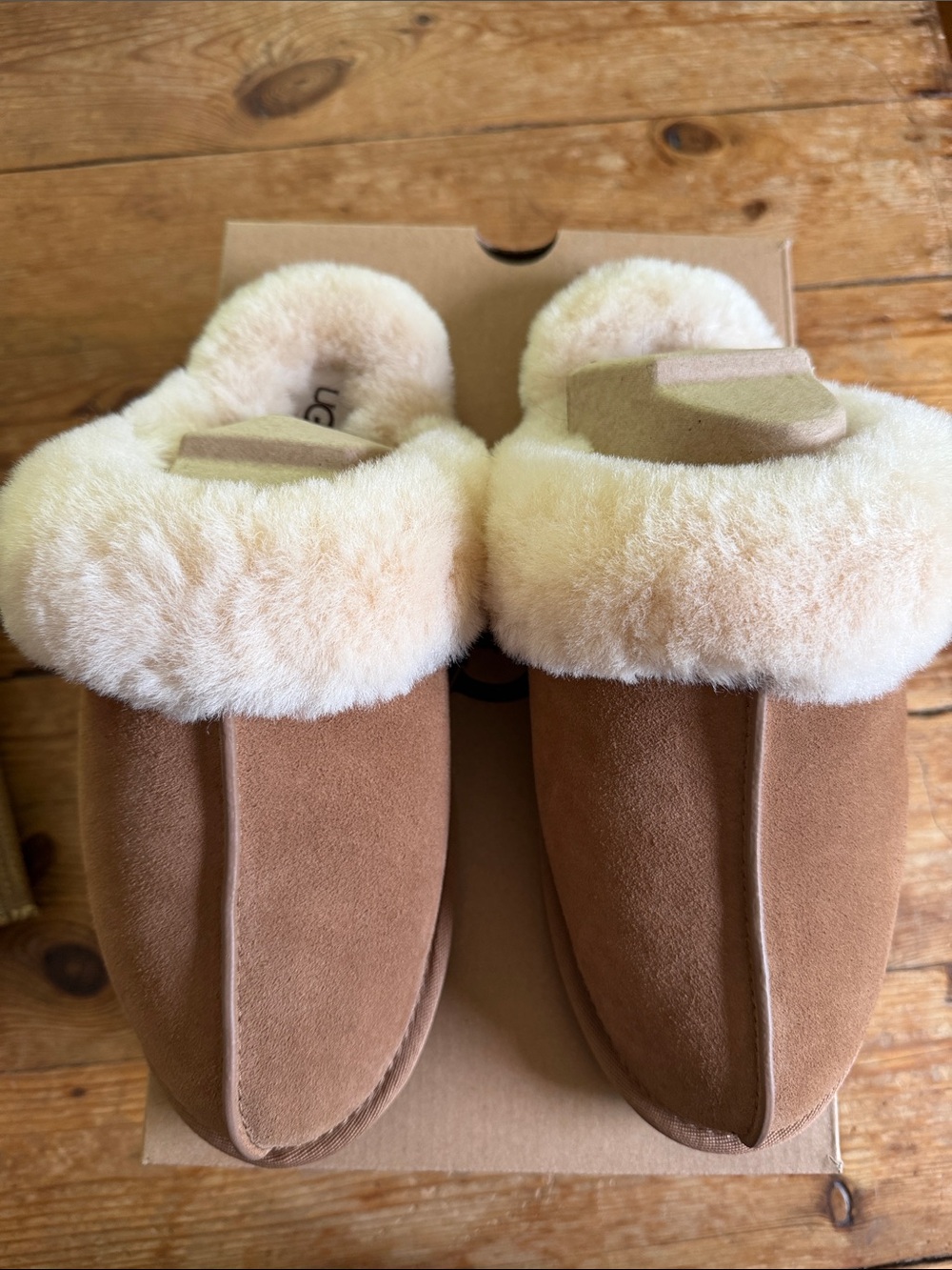 UGG Chestnut Suede Shearling-Lined Slippers with Cream Fur Trim